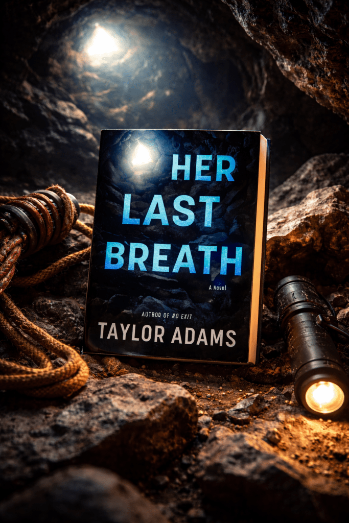 Hardcover copy of Her Last Breath by Taylor Adams styled in a dark cave setting with dramatic lighting and climbing gear