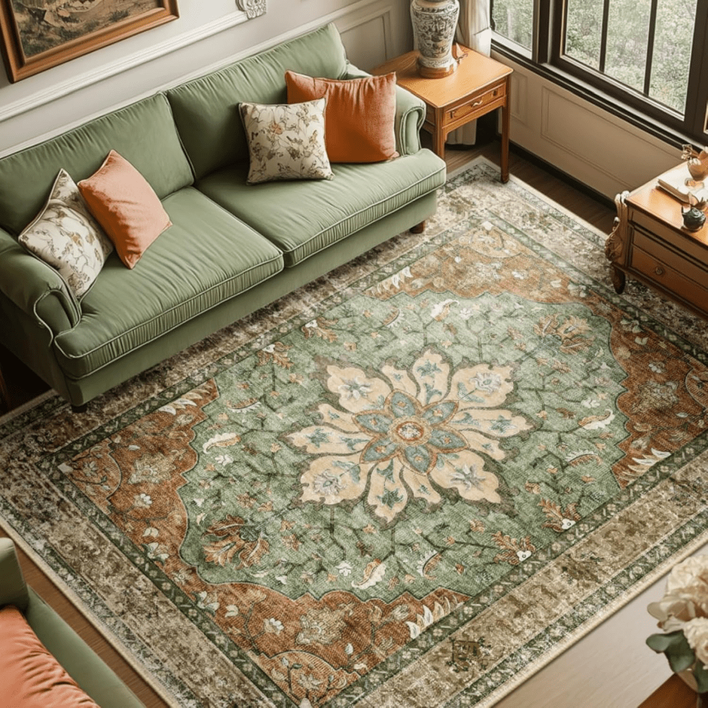 Boho Rug with green and terracotta tones
